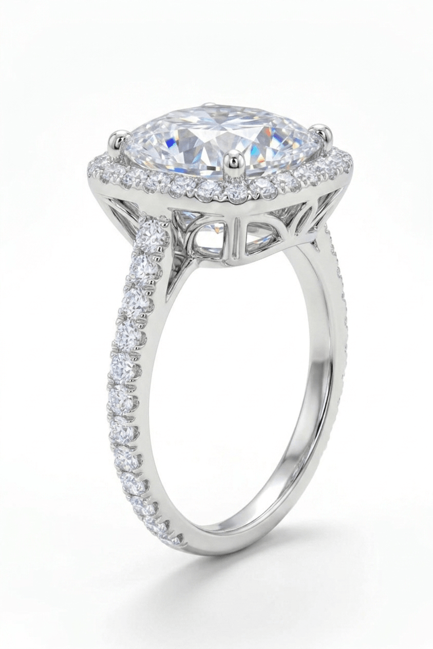 The Aurelia Cushion Halo Ring: A 3-Carat Cushion Cut VVS1 Moissanite Engagement Ring | RING | Moissanite Shine