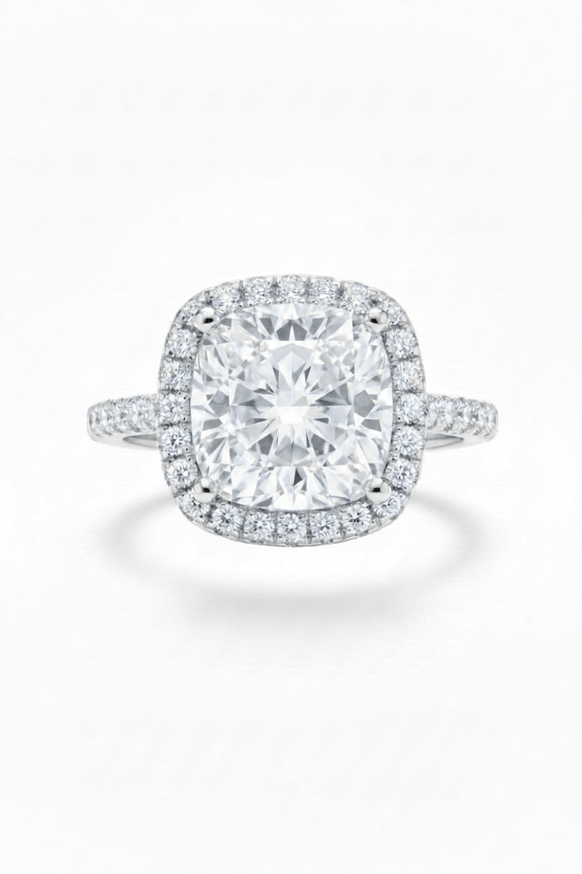 The Aurelia Cushion Halo Ring: A 3-Carat Cushion Cut VVS1 Moissanite Engagement Ring | RING | Moissanite Shine