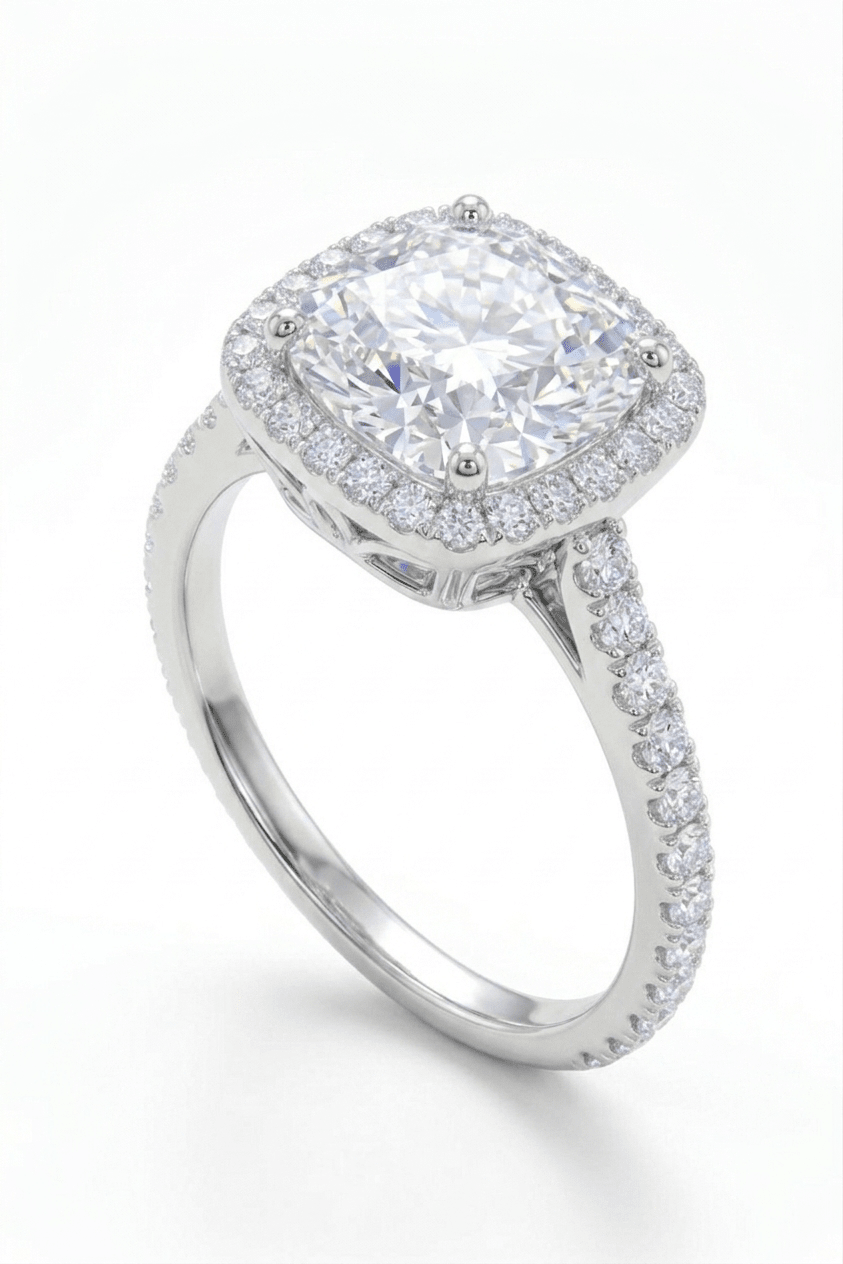 The Aurelia Cushion Halo Ring: A 3-Carat Cushion Cut VVS1 Moissanite Engagement Ring | RING | Moissanite Shine