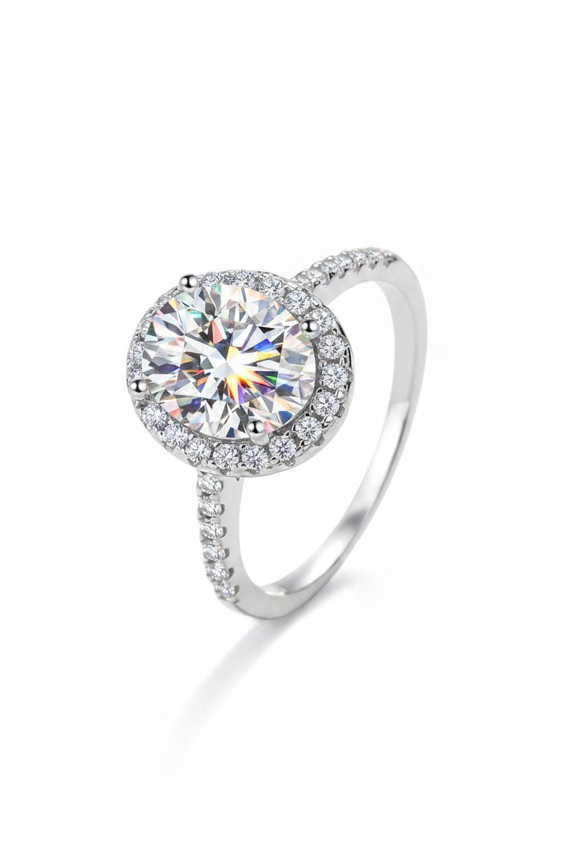 The Celeste Oval Halo Ring: A 2-Carat Oval Cut VVS1 Moissanite Engagement Ring | RING | Moissanite Shine