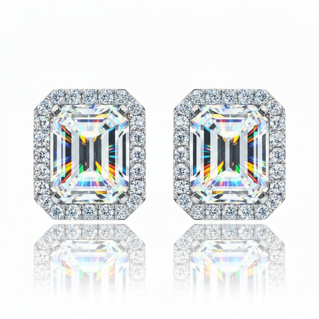Timeless Emerald Halo: 1-Carat VVS1 Moissanite Contemporary Stud Earrings | Earrings | Moissanite Shine