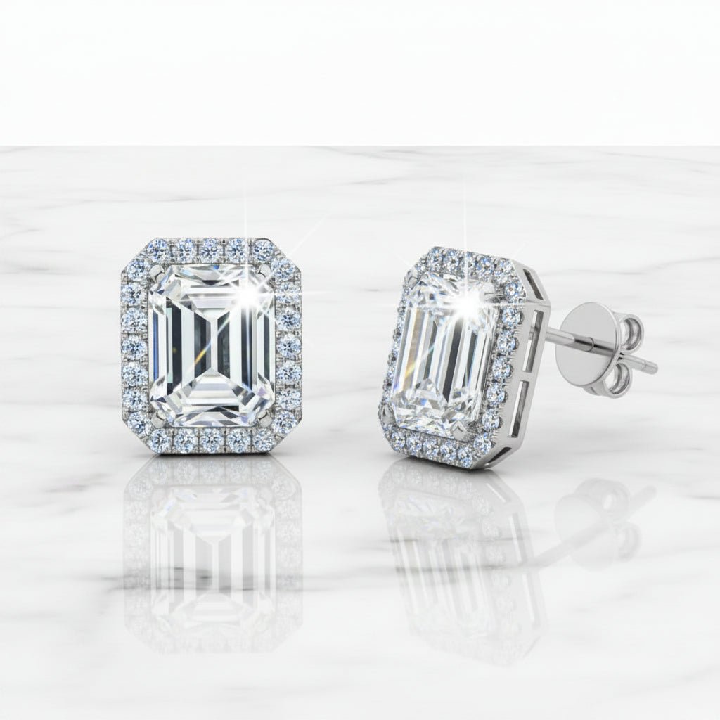 Timeless Emerald Halo: 1-Carat VVS1 Moissanite Contemporary Stud Earrings | Earrings | Moissanite Shine